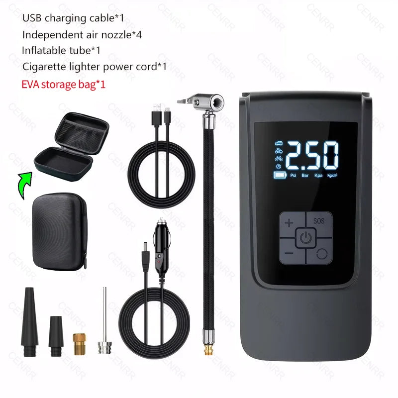 Pompe à air sans fil pour voiture, compresseur d'air portable, gonfleur de pneus électrique avec écran LCD numérique pour voiture, moto, vélo, ballon